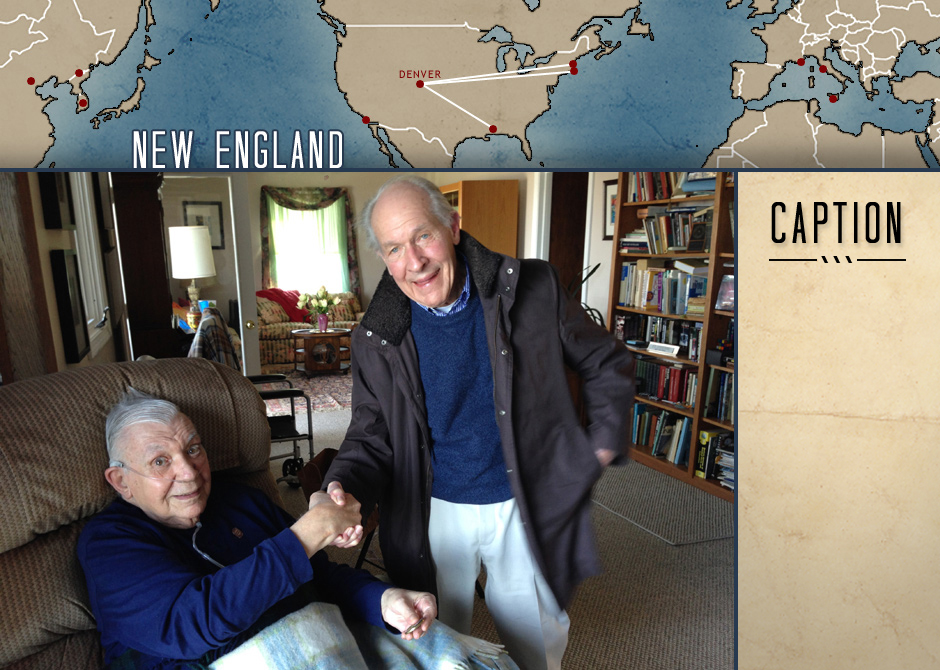 Devotion research tour: Ed Coderre and Tom Hudner shake hands. 